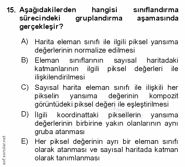 15. soru: Aşağıdakilerden hangisi sinıflandırma sürecindeki gruplandirma aşamasında gerçekleşir? A) Harita eleman sınıfı ile il…
