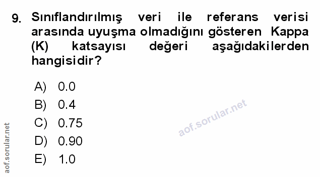 9. soru: Siniflandırılmış veri ile referans verisi arasında uyuşma olmadığını gösteren Kappa (K) katsayısı değeri aşağıdakiler…