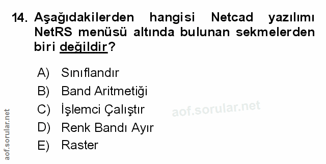 14. soru: Aşağıdakilerden hangisi Netcad yazılımı NetRS menüsü altında bulunan sekmelerden biri değildir? A) Sınıflandır B) Ban…