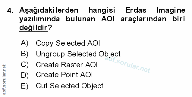 4. soru: Aşağıdakilerden hangisi Erdas Imagine yazılımında bulunan AOl araçlarından biri değildir? A) Copy Selected AOl B) Ung…