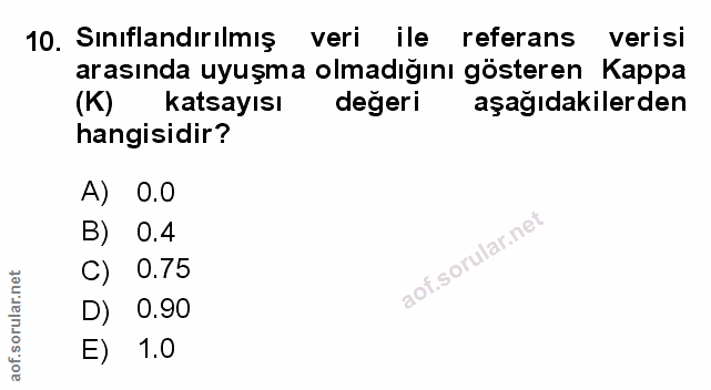 10. soru: Siniflandırılmış veri ile referans verisi arasında uyuşma olmadığını gösteren Kappa (K) Katsayısı değeri aşağıdakiler…