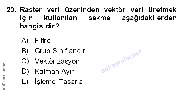 20. soru: Raster veri üzerinden vektör veri üretmek için kullanılan sekme aşağıdakilerden hangisidir? A) Filtre B) Grup Sınıfla…