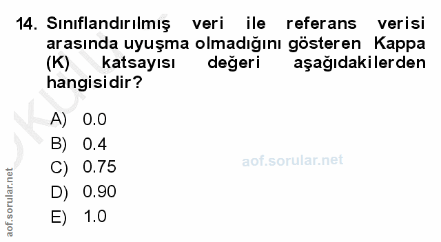 14. soru: Sinıflandırılmış veri ile referans verisi arasında uyuşma olmadığını gösteren Kappa (K) katsayısı değeri aşağıdakiler…