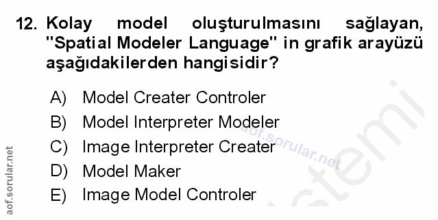 12. soru: Kolay model oluşturulmasını saglayan, "Spatial Modeler Language" in grafik arayüzü aşağıdakilerden hangisidir? A) Mod…