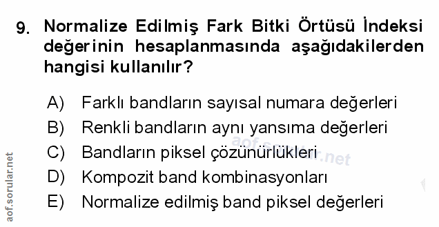 9. soru: Normalize Edilmiş Fark Bitki Örtüsü İndeksi değerinin hesaplanmasında aşağıdakilerden hangisi kullanılır? A) Farklı b…