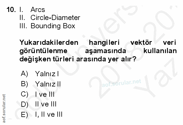10. soru: I. Arcs Il. Circle-Diameter Ill. Bounding Box Yukarıdakilerden hangileri vektör veri görüntulenme aşamasında kullanıl…