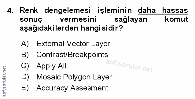 4. soru: Renk dengelemesi işleminin daha hassas sonuç vermesini sağlayan komut aşağıdakilerden hangisidir? A) External Vector…