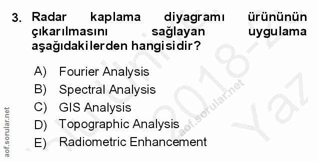 3. soru: Radar kaplama diyagramı ürününün çıkarılmasını saglayan uygulama aşağıdakilerden hangisidir? A) Fourier Analysis B) S…