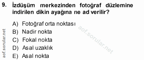 9. soru: İzdüşüm merkezinden fotoğraf düzlemine indirilen dikin ayağına ne ad verilir? A) Fotoğraf orta noktası B) Nadir nokta…