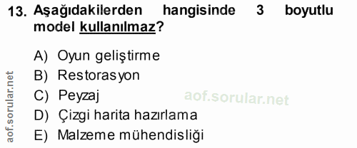 13. soru: Aşağıdakilerden hangisinde 3 boyutlu model kullanılmaz? A) Oyun geliştirme B) Restorasyon C) Peyzaj D) Çizgi harita h…