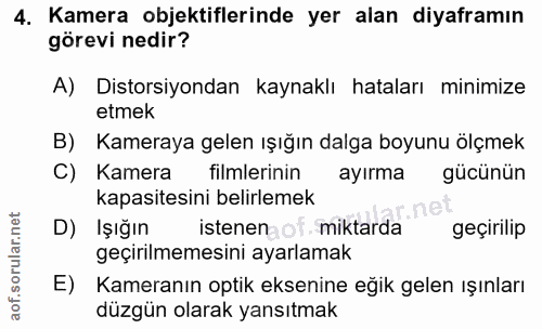 4. soru: Kamera objektiflerinde yer alan diyaframın görevi nedir? A) Distorsiyondan kaynaklı hataları minimize etmek B) Kamera…