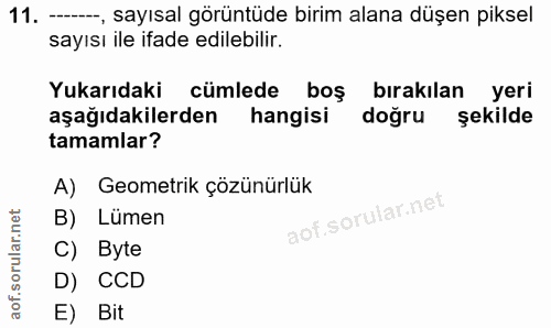 11. soru: —, sayısal görüntüde birim alana düşen piksel sayısı ile ifade edilebilir. Yukarıdaki cümlede boş bırakılan yeri aşağ…