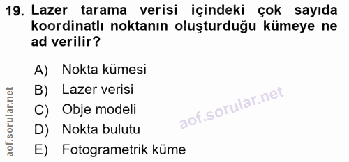 19. soru: Lazer tarama verisi içindeki çok sayıda koordinatlı noktanın oluşturduğu kümeye ne ad verilir? A) Nokta kümesi B) Laz…