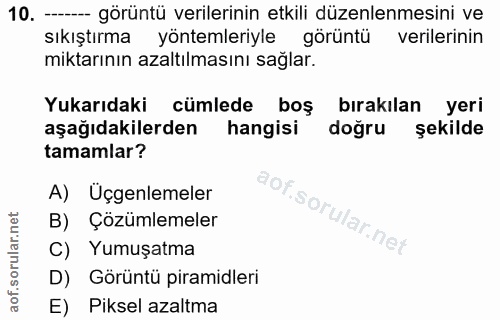10. soru: -- görüntü verilerinin etkili düzenlenmesini ve sıkıştırma yöntemleriyle görüntü verilerinin miktarının azaltılmasını…
