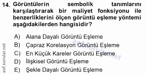 14. soru: Görüntülerin sembolik tanımlarını karşılaştırarak bir maliyet fonksiyonu ile benzerliklerini ölçen görüntü eşleme yön…