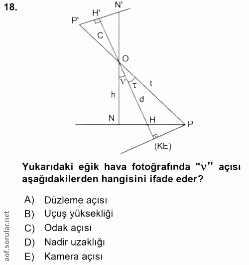 18. soru: N' H' h d N H P (KE) Yukarıdaki eğik hava fotoğrafında "v" açısı aşağıdakilerden hangisini ifade eder? A) Düzleme açı…