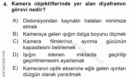 4. soru: Kamera objektiflerinde yer alan diyaframın görevi nedir? A) Distorsiyondan kaynaklı hataları minimize etmek B) Kamera…
