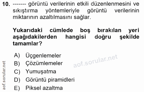 10. soru: - görüntü verilerinin etkili düzenlenmesini ve sıkıştırma yöntemleriyle görüntü verilerinin miktarının azaltılmasını…