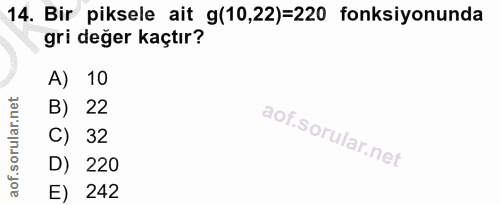 14. soru: Bir piksele ait g(10,22)=220 fonksiyonunda gri değer kaçtır? A) 10 B) 22 C) 32 D) 220 E) 242