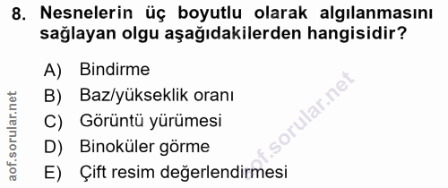 8. soru: Nesnelerin üç boyutlu olarak algılanmasını sağlayan olgu aşağıdakilerden hangisidir? A) Bindirme B) Bazlyükseklik ora…