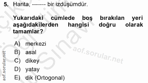5. soru: Harita, - - bir izdüşümdür. Yukarıdaki cümlede boş bırakılan yeri aşağıdakilerden hangisi dogru olarak tamamlar? A) m…