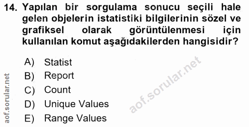 14. soru: Yapılan bir sorgulama sonucu seçili hale gelen objelerin istatistiki bilgilerinin sözel ve grafiksel olarak görüntüle…