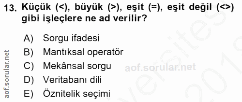 13. soru: Küçük (<), büyük (>), eşit (=), eşit değil (>) gibi işleçlere ne ad verilir? A) Sorgu ifadesi B) Mantıksal operatör C…
