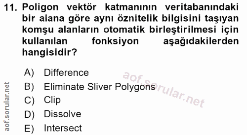 11. soru: Poligon vektör katmanının veritabanındaki bir alana göre aynı öznitelik bilgisini taşıyan komşu alanların otomatik bi…