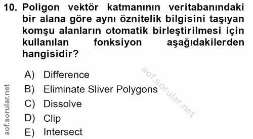 10. soru: Poligon vektör katmanının veritabanındaki bir alana göre aynı öznitelik bilgisini taşıyan komşu alanların otomatik bi…