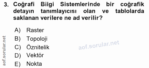 3. soru: Coğrafi Bilgi Sistemlerinde bir coğrafik detayın tanımlayıcısı olan ve tablolarda saklanan verilere ne ad verilir? A)…