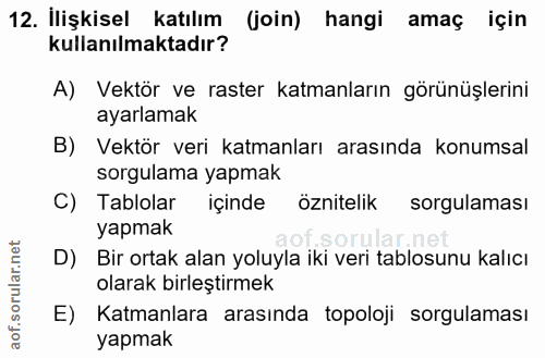 12. soru: İlişkisel katılım (join) hangi amaç için kullanılmaktadır? A) Vektör ve raster katmanların görünüşlerini ayarlamak B)…