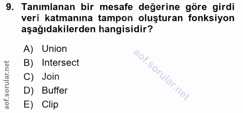 9. soru: Tanımlanan bir mesafe değerine göre girdi veri katmanına tampon oluşturan fonksiyon aşağıdakilerden hangisidir? A) Un…