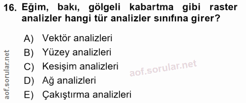 16. soru: Eğim, bakı, gölgeli kabartma gibi raster analizler hangi tür analizler sınıfına girer? A) Vektör analizleri B) Yüzey…