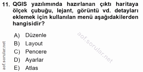 11. soru: QGIS yazılımında hazırlanan çıktı haritaya ölçek çubuğu, lejant, görüntü vd. detayları eklemek için kullanılan menü a…