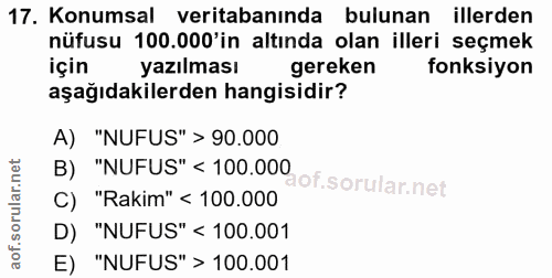 17. soru: Konumsal veritabanında bulunan illerden nüfusu 100.000'in altında olan illeri seçmek için yazılması gereken fonksiyon…