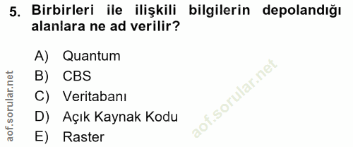 5. soru: Birbirleri ile ilişkili bilgilerin depolandığı alanlara ne ad verilir? 4) Quantum B) CBS Veritabanı D) Açık Kaynak Ko…