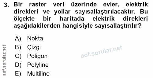 3. soru: Bir raster veri üzerinde evler, elektrik direkleri ve yollar sayısallaştırılacaktır. Bu ölçekte bir haritada elektrik…