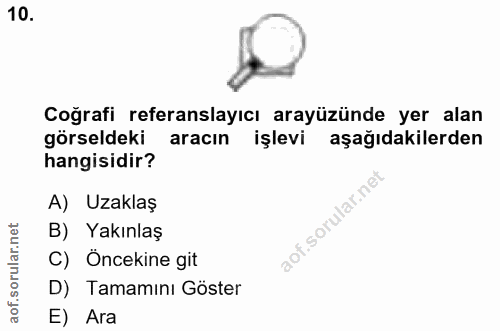 10. soru: Coğrafi referanslayıcı arayüzünde yer alan görseldeki aracın işlevi aşağıdakilerden hangisidir? A) Uzaklaş rular.net…