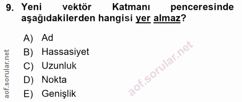 9. soru: Yeni vektör Katmanı penceresinde aşağıdakilerden hangisi yer almaz? A) Ad B) Hassasiyet C) Uzunluk D) Nokta E) Genişlik