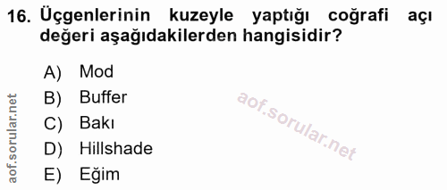 16. soru: Üçgenlerinin kuzeyle yaptığı coğrafi açı değeri aşağıdakilerden hangisidir? A) Mod B) Buffer C) Bakı D) Hillshade E)…