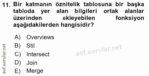 11. soru: Bir katmanın öznitelik tablosuna bir başka tabloda yer alan bilgileri ortak alanlar üzerinden ekleyebilen fonksiyon a…