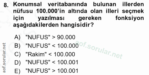 8. soru: Konumsal veritabanında bulunan illerden nüfusu 100.000'in altında olan illeri seçmek için yazılması gereken fonksiyon…