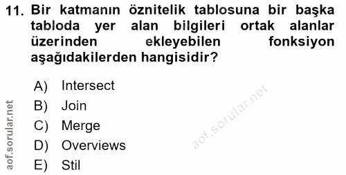 11. soru: Bir katmanın öznitelik tablosuna bir başka tabloda yer alan bilgileri ortak alanlar üzerinden ekleyebilen fonksiyon a…