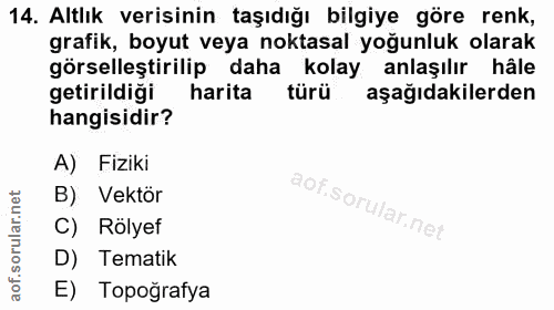 14. soru: Altlık verisinin taşıdığı bilgiye göre renk, grafik, boyut veya noktasal yoğunluk olarak görselleştirilip daha kolay…