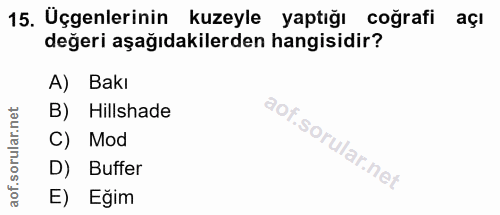15. soru: Üçgenlerinin kuzeyle yaptığı coğrafi açı değeri aşağıdakilerden hangisidir? A) Bakı B) Hillshade C) Mod D) Buffer E)…