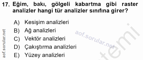17. soru: Eğim, bakı, gölgeli kabartma gibi raster analizler hangi tür analizler sınıfına girer? A) Kesişim analizleri B) Ağ an…