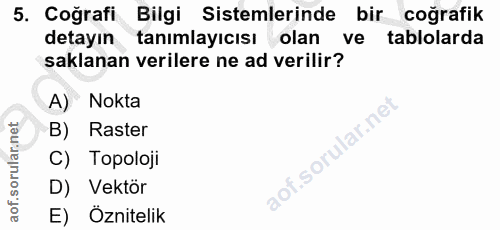 5. soru: Coğrafi Bilgi Sistemlerinde bir coğrafik detayın tanımlayıcısı olan ve tablolarda saklanan verilere ne ad verilir? A)…