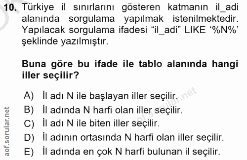 10. soru: Türkiye il sınırlarını gösteren katmanın il_adi alanında sorgulama yapılmak istenilmektedir. Yapılacak sorgulama ifad…