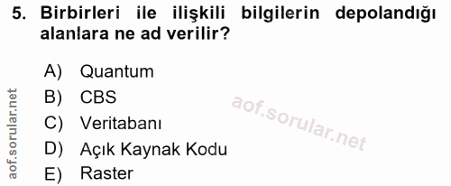 5. soru: Birbirleri ile ilişkili bilgilerin depolandığı alanlara ne ad verilir? Quantum B) CBS C) Veritabanı D) Açık Kaynak Ko…
