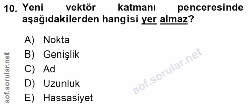 10. soru: Yeni vektör katmanı penceresinde aşağıdakilerden hangisi yer almaz? A) Nokta B) Genişlik C) Ad D) Uzunluk E) Hassasiyet